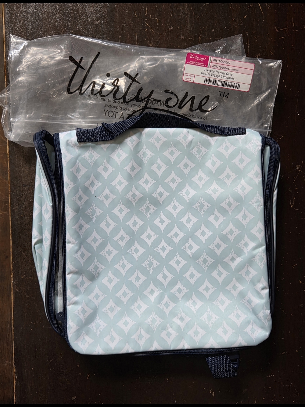 thirty-one Light Blue Geometric Cosmetic Tote with Navy Trim